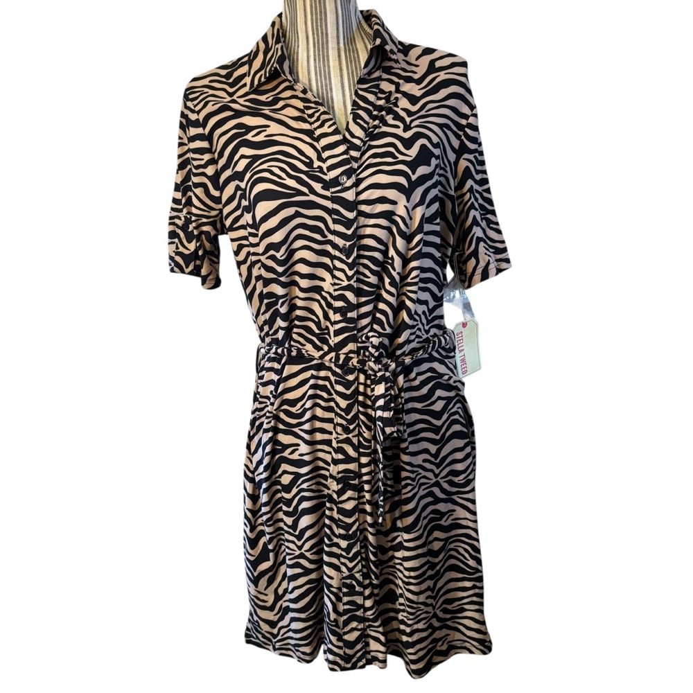 NWT Stella Tweed Dress Large Black Tan Zebra Button-up Short Sleeves Super Soft